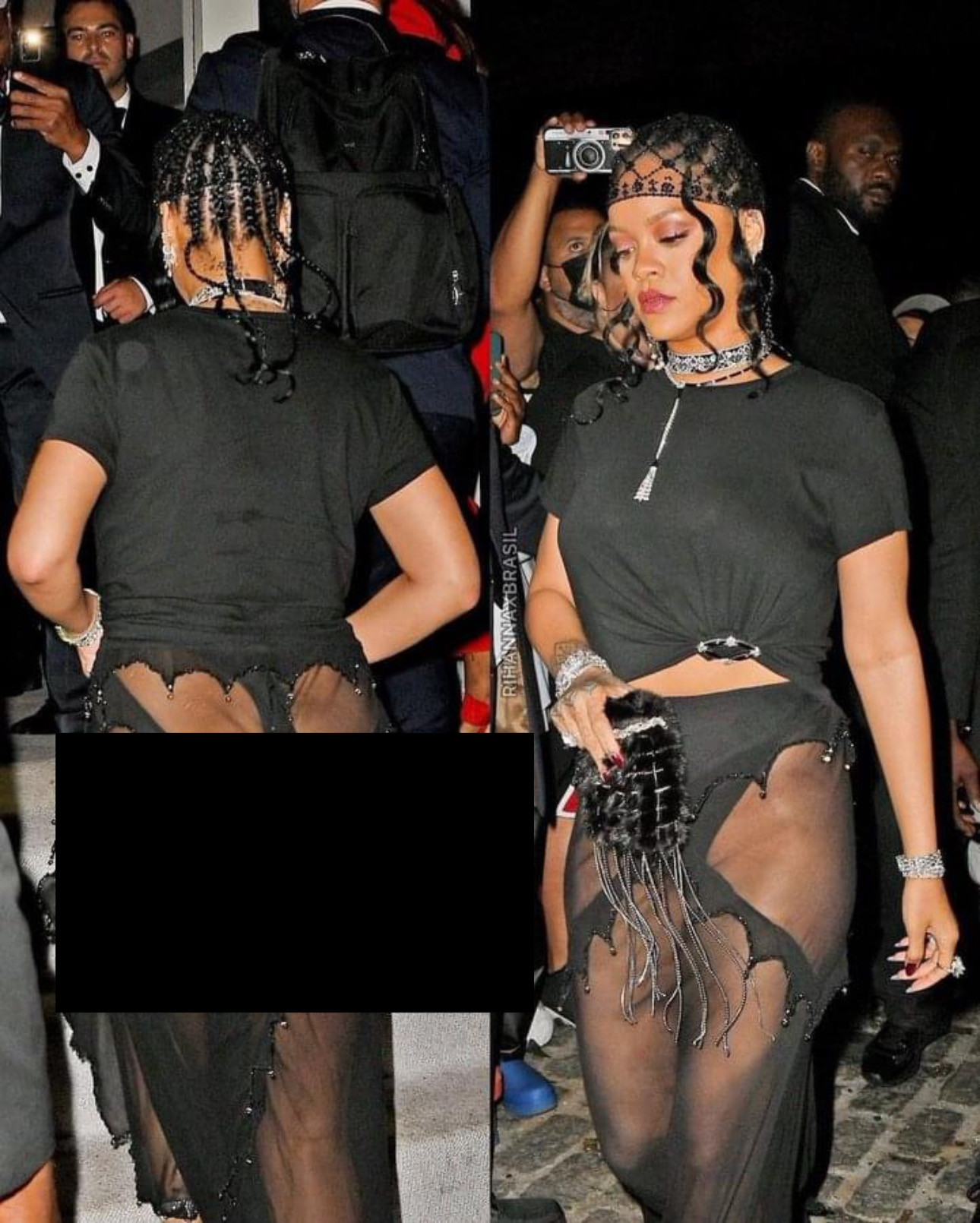 Rihanna wears a see-through outfit that shows off her entire lower body and disgusting b.u.t.t