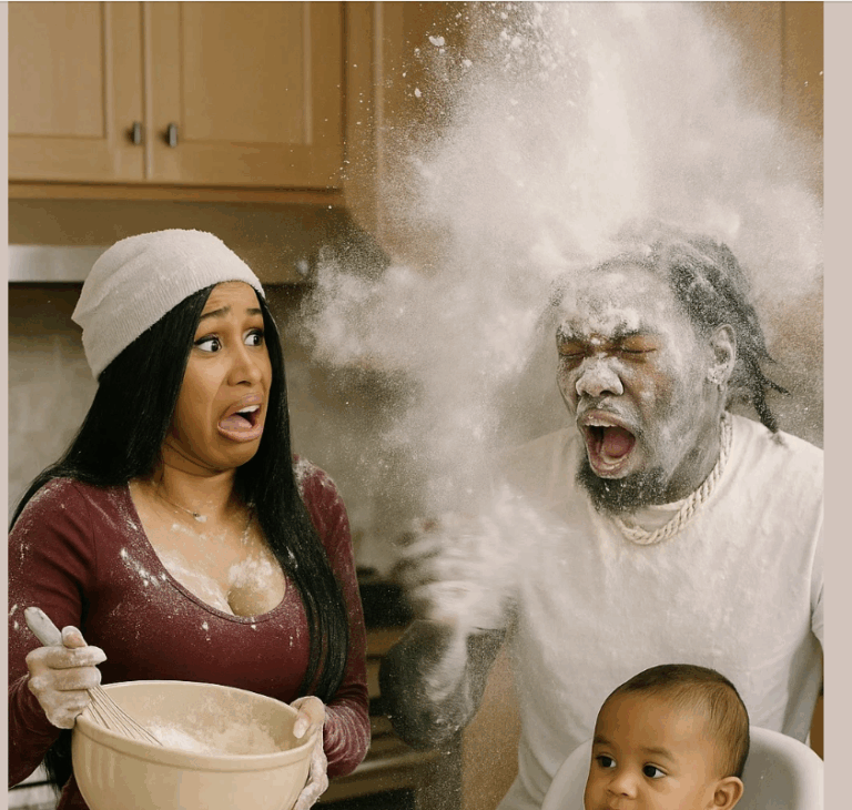 Cardi B panicked as flour exploded everywhere, covering Offset completely, while their baby watched calmly like this chaos happens every single day in their kitchen