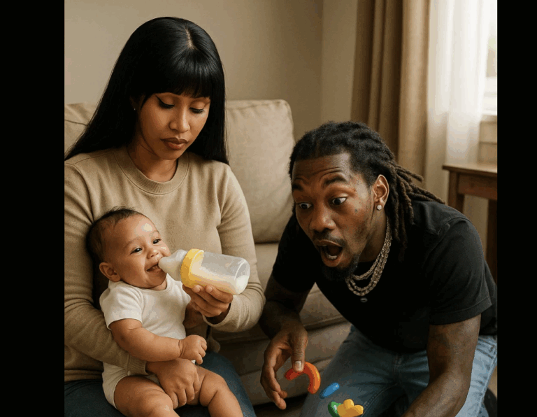 Offset’s shocked face while the baby drinks happily and toys fly everywhere makes this whole family moment even funnier, sweeter, and perfect for engagement