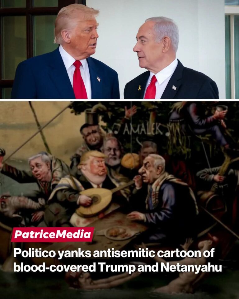 The controversial cartoon depicts a blood-soaked President Trump and Israeli Prime Minister Benjamin Netanyahu with an oversized nose sitting among bags of cash.