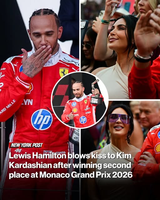 Lewis Hamilton blows kiss to Kim Kardashian after winning second place at Monaco Grand Prix 2026
